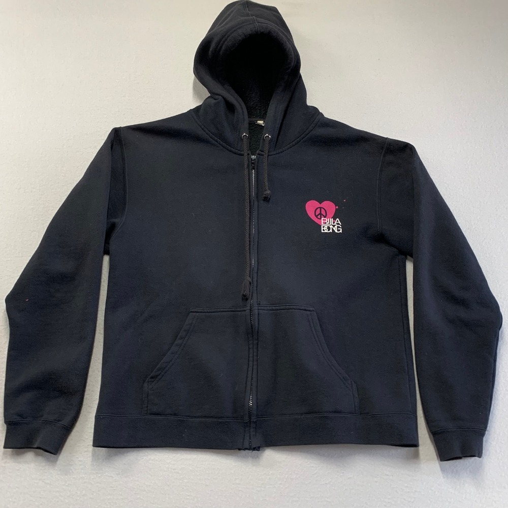 Vintage Y2K Billabong Sweatshirt Womens M Black Hooded Full Zip Peace Sign‎